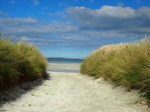 En sandstig som löper längs stranden, omgiven av högt gräs, och som leder ner till ett stilla hav under en delvis molnig himmel.