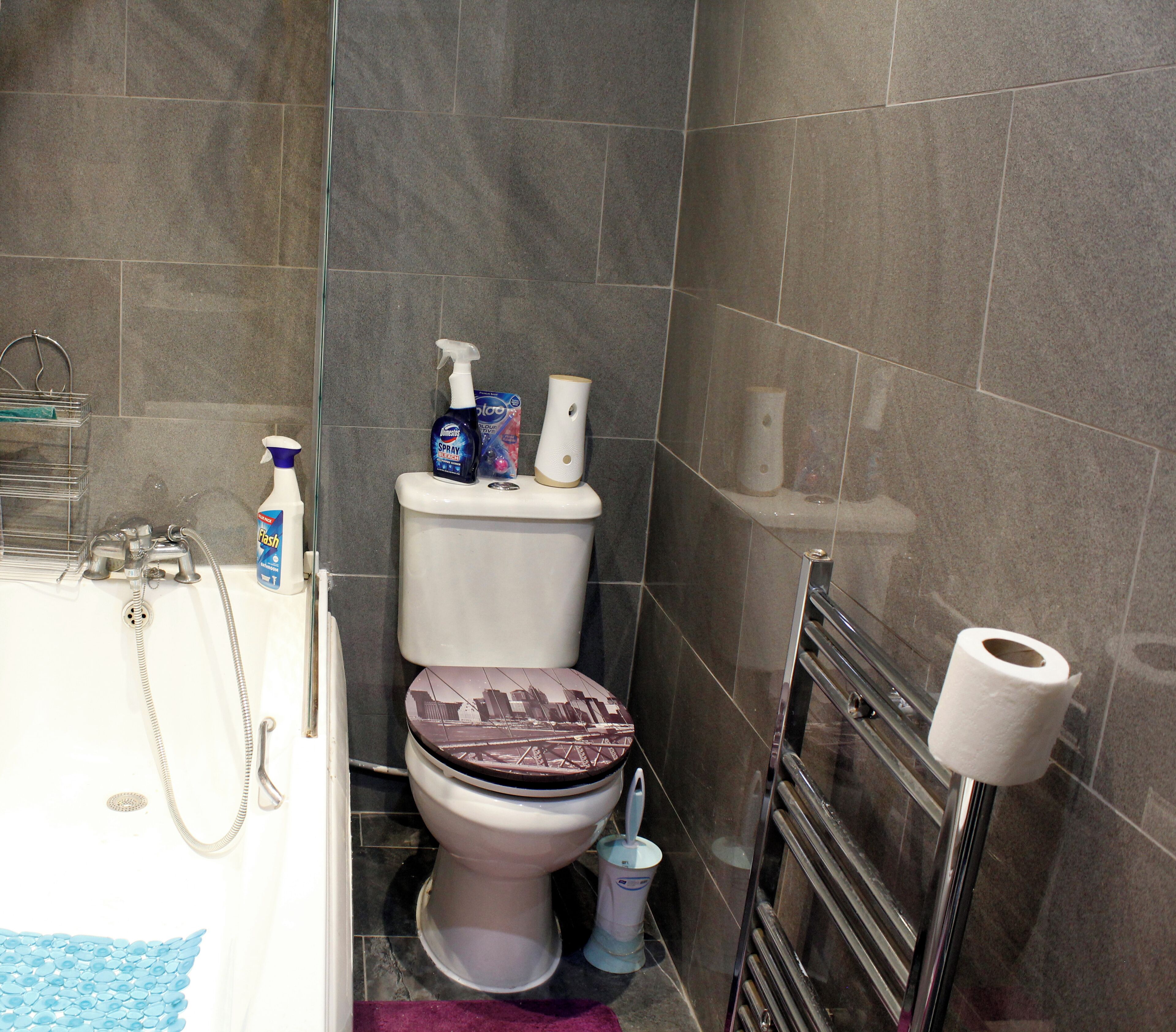 A bathroom with a toilet, shower, and a toilet paper holder.
