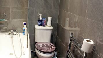 A bathroom with a toilet, shower, and a toilet paper holder.