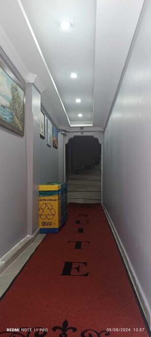A narrow hallway with a red carpet, white walls, and a staircase at the end. There are framed pictures on the walls and a recycling bin in the hallway. - hb suite  (Istanbul)