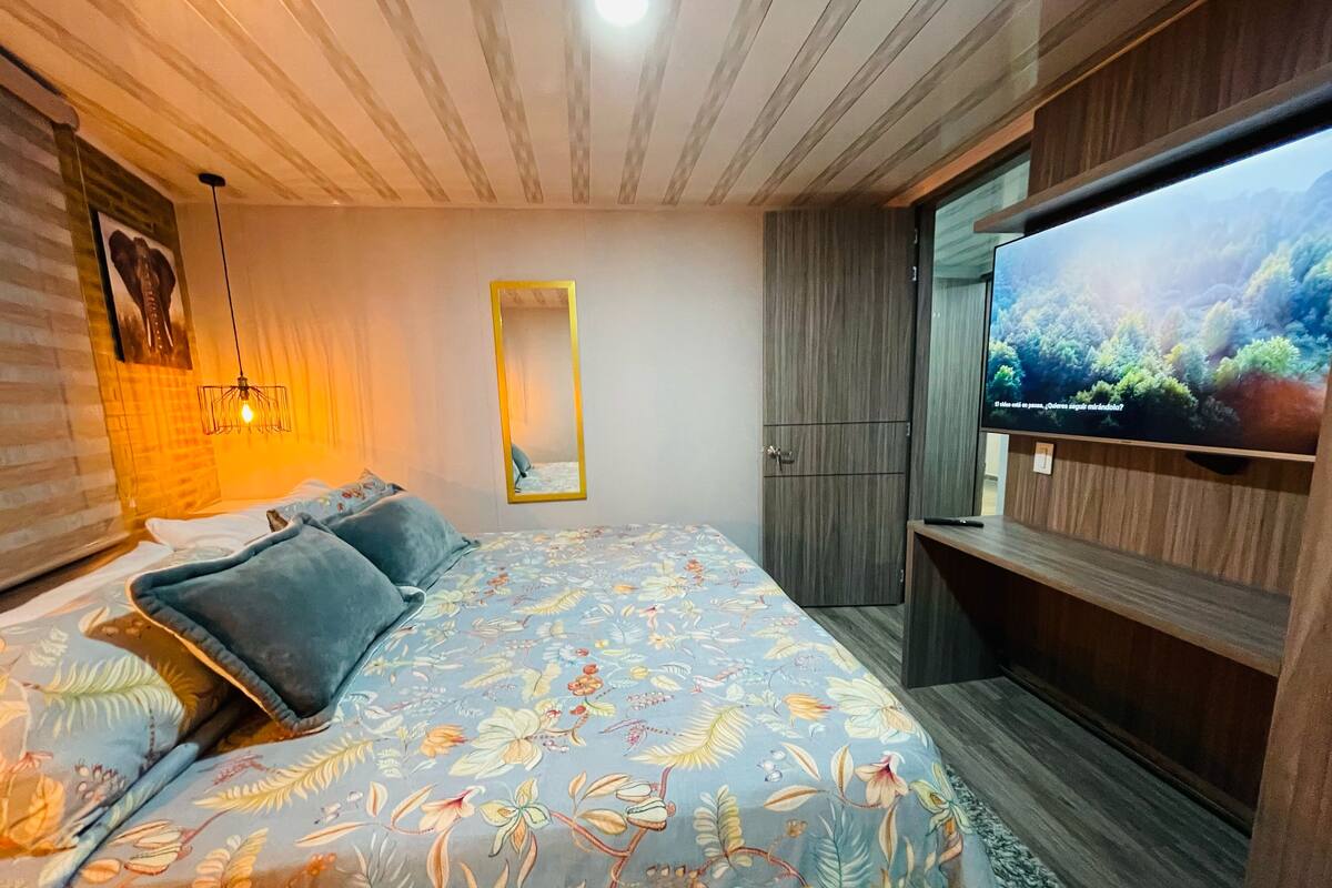 A bedroom with a bed, a TV, a wardrobe, and a mirror.