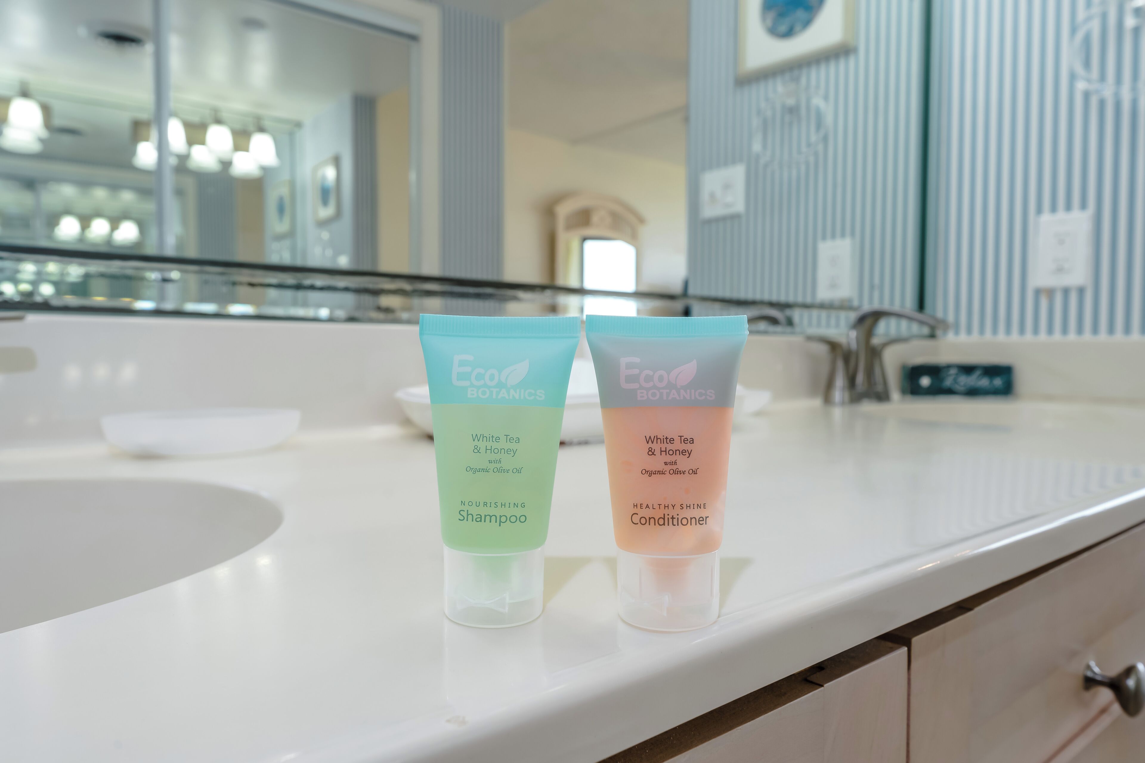 Two Eco Botanics products on a bathroom counter.