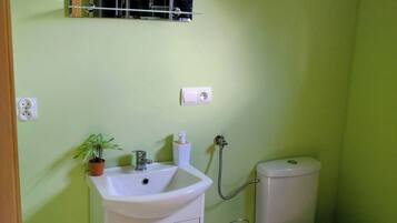 A bathroom with a white sink, toilet, and a mirror above the sink.