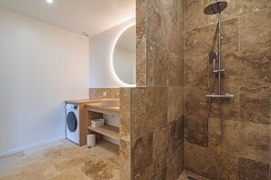 Shower, hair dryer, toilet paper
