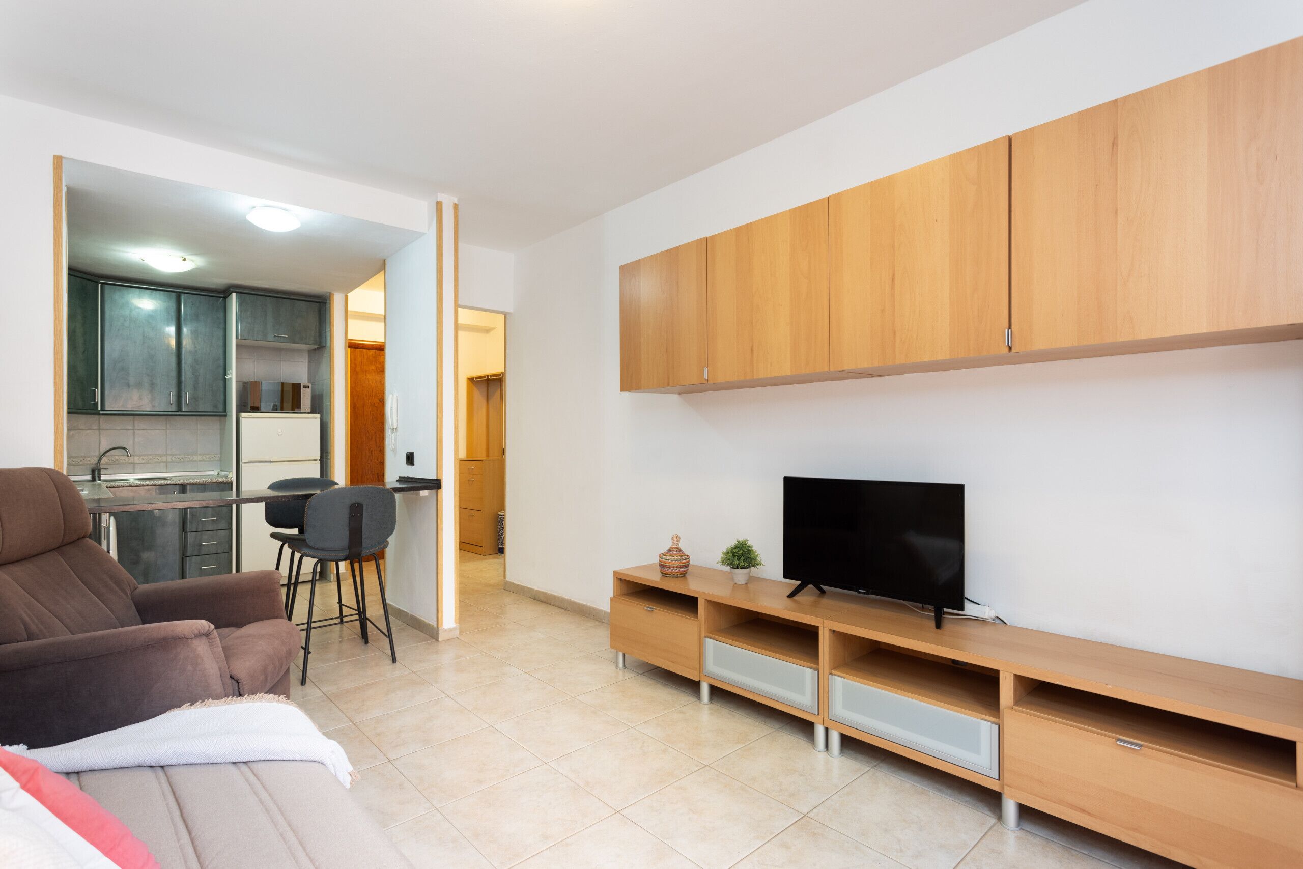 Un salon moderne avec un canapé, un téléviseur, des meubles en bois et un coin cuisine à l’arrière-plan.