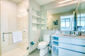 Shower, hair dryer, towels