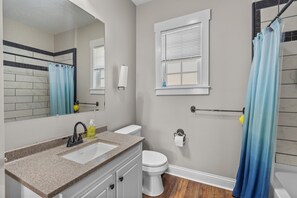 Hair dryer, towels, soap, shampoo