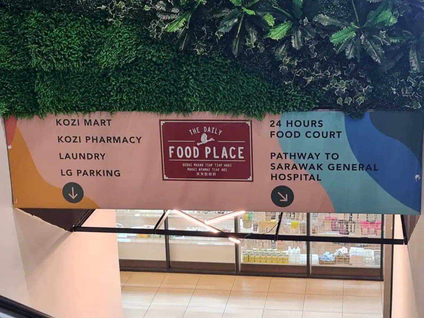 Un panneau indiquant la direction de différents services, notamment un espace restauration, une pharmacie et un parking.