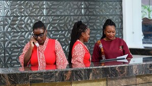 Three individuals at a reception desk with a patterned wall and a potted plant in the background. - White Peacock Resort (Mtwapa)