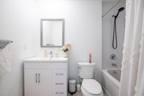 Hair dryer, towels, soap, shampoo