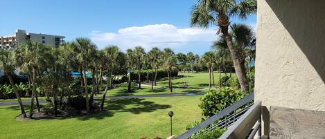 A balcony with a view of a well-maintained lawn, palm trees, and a distant building.