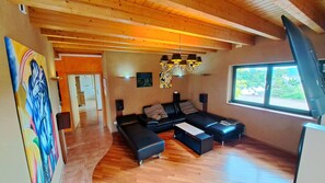 TV connectée, cheminée, livres, chaßne hi-fi