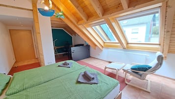 4 bedrooms, desk, iron/ironing board, travel cot