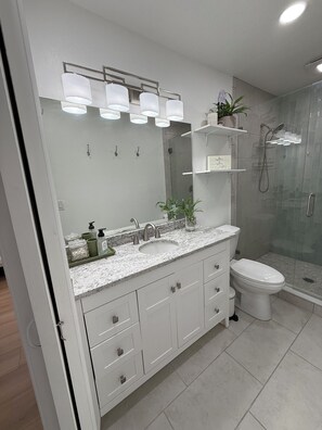Hair dryer, towels, soap, toilet paper
