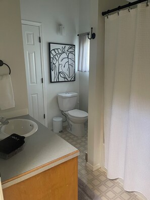 Een badkamer met toilet, wastafel en een kunstwerk in een lijst aan de muur.