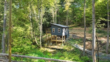 Escape to a secluded cabin surrounded by lush greenery, perfect for outdoor activities on the deck.