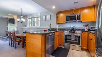 Een magnetron, een oven, een kookplaat, een vaatwasser