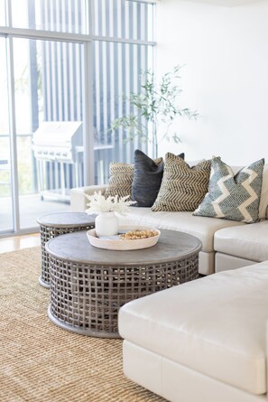 Smart TV, fireplace, books, stereo