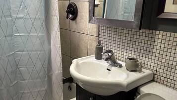 Hair dryer, bidet, towels, soap