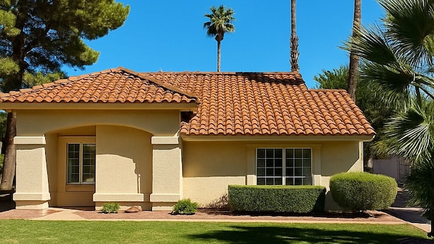 A single-story house with a tiled roof, a front door, and a small front yard with grass and a few trees.