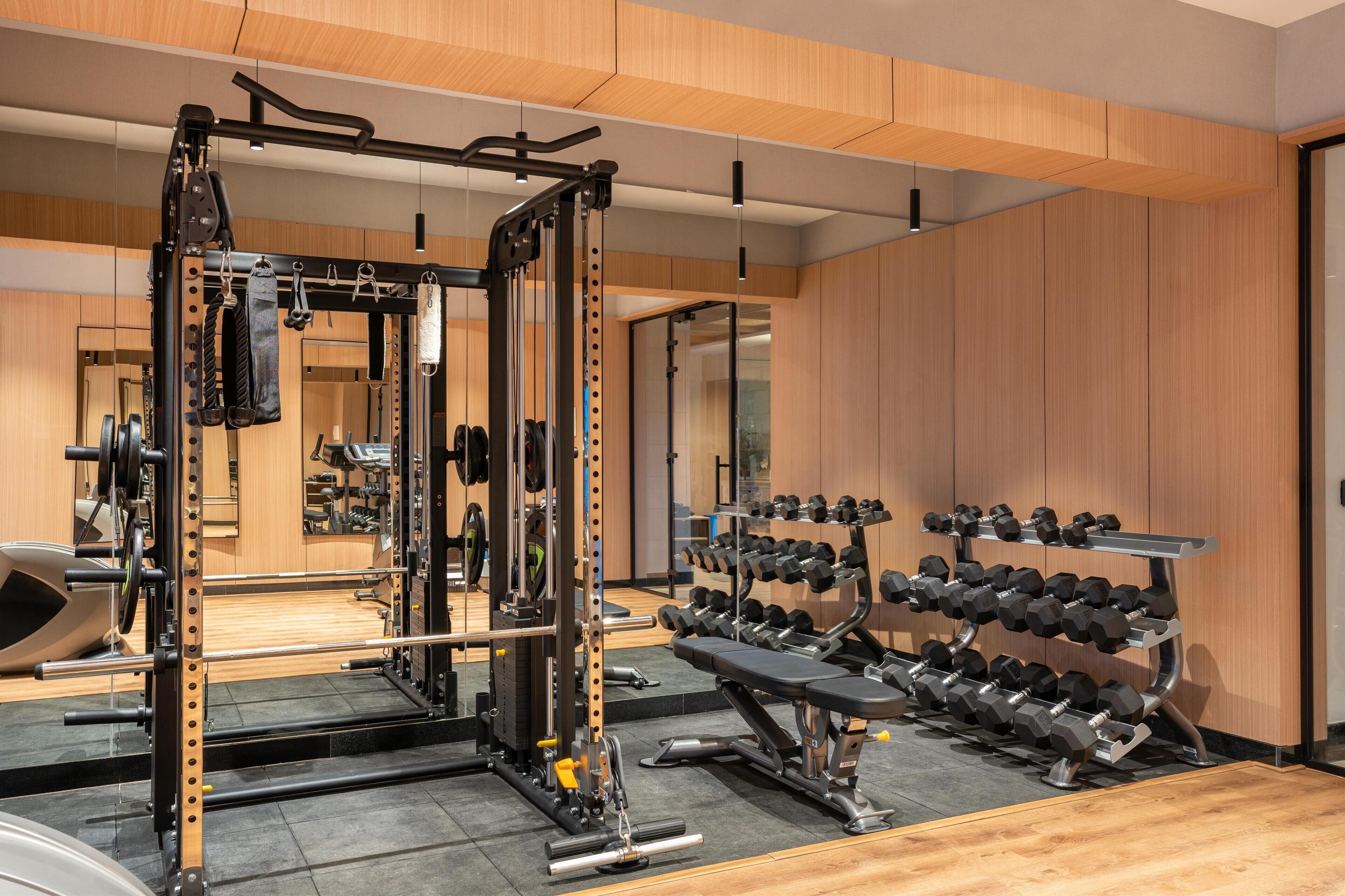 A gym with a squat rack, bench press, and various dumbbells.