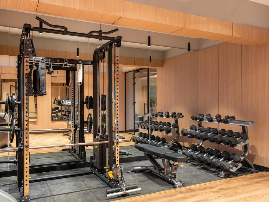 A gym with a squat rack, bench press, and various dumbbells.