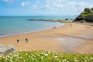 Une plage avec un ciel dégagé, une eau calme et un promontoire rocheux.