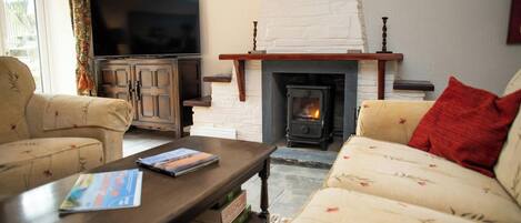 A living room with a fireplace, a television, and a sofa.