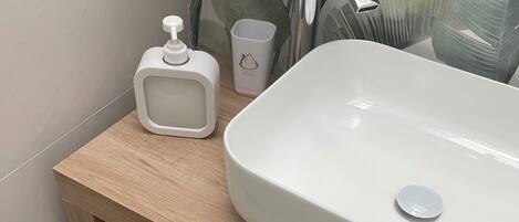 Shower, hair dryer, bidet, towels