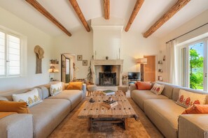 TV connectée, cheminée, table de tennis de table, livres