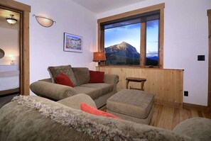 Televisión, chimenea y oficina 