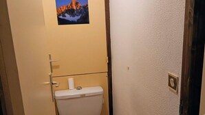 A small bathroom with a wooden toilet, a white wall, and two pictures of mountains. - Cosy apartment with balcony (Le Monêtier-les-Bains)