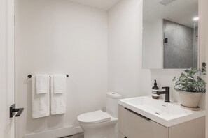 Features a sleek white design with a toilet, large mirror, and potted plant.