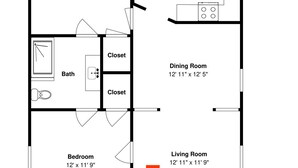 Plano de planta que muestra dos dormitorios, una cocina, un comedor, un baño y una sala de estar.