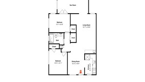 Plano de planta de una casa con una sala de estar, dos dormitorios, un comedor, una cocina y dos baños.