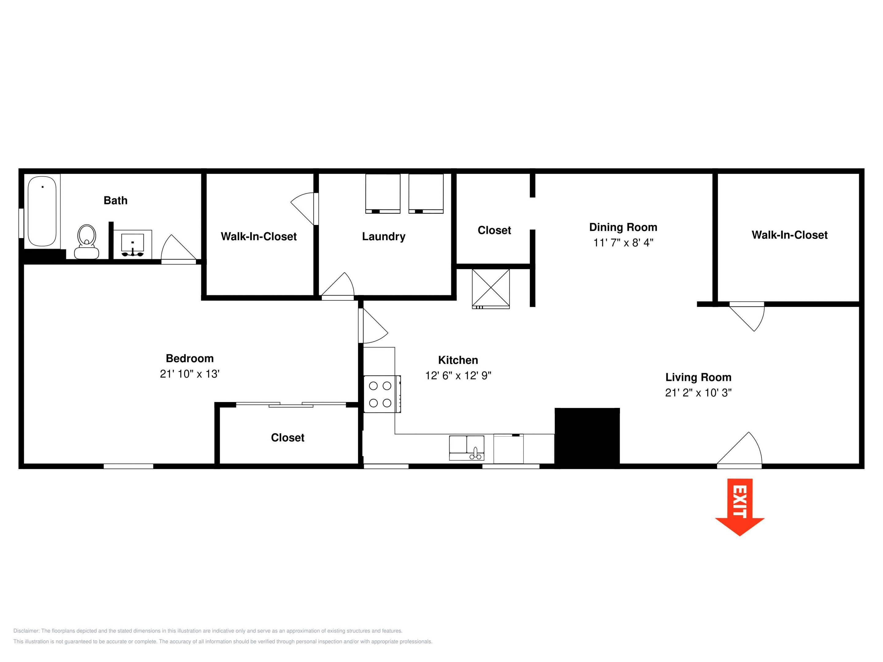 Plano de planta que muestra un baño, vestidor, lavandería, armario, comedor, cocina, dormitorio, sala de estar y una salida.
