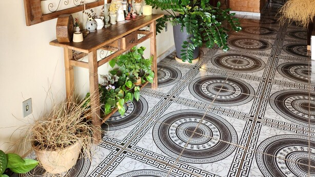 A room with a wooden ceiling, a large mirror, a wooden console table with decorative items, potted plants, and a patterned floor. - Pouso do Carteiro (Tiradentes)