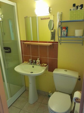 Et badeværelse med vask, toilet og glasvæg omkring bruseren.