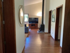 Smart TV, chimenea, reproductor de DVD, libros