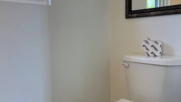 A bathroom with a toilet, a window, and a mirror.