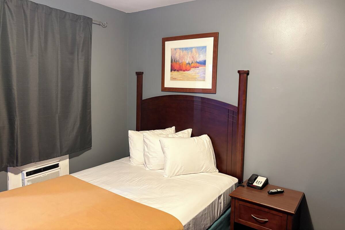 Habitación de hotel con una cama, una mesita de noche con teléfono y controles remotos, un cuadro en la pared y una ventana con cortina.