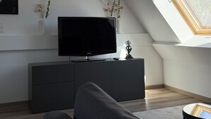 Ein modernes Wohnzimmer mit einem Flachbildfernseher auf einem grauen Schrank, einem grauen Sofa und einem Oberlicht.
