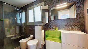 Shower, hair dryer, bidet, towels