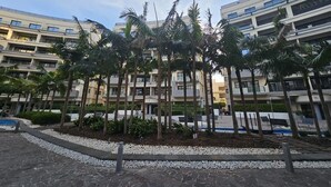 A modern building with multiple floors, surrounded by palm trees and a landscaped area with white gravel.