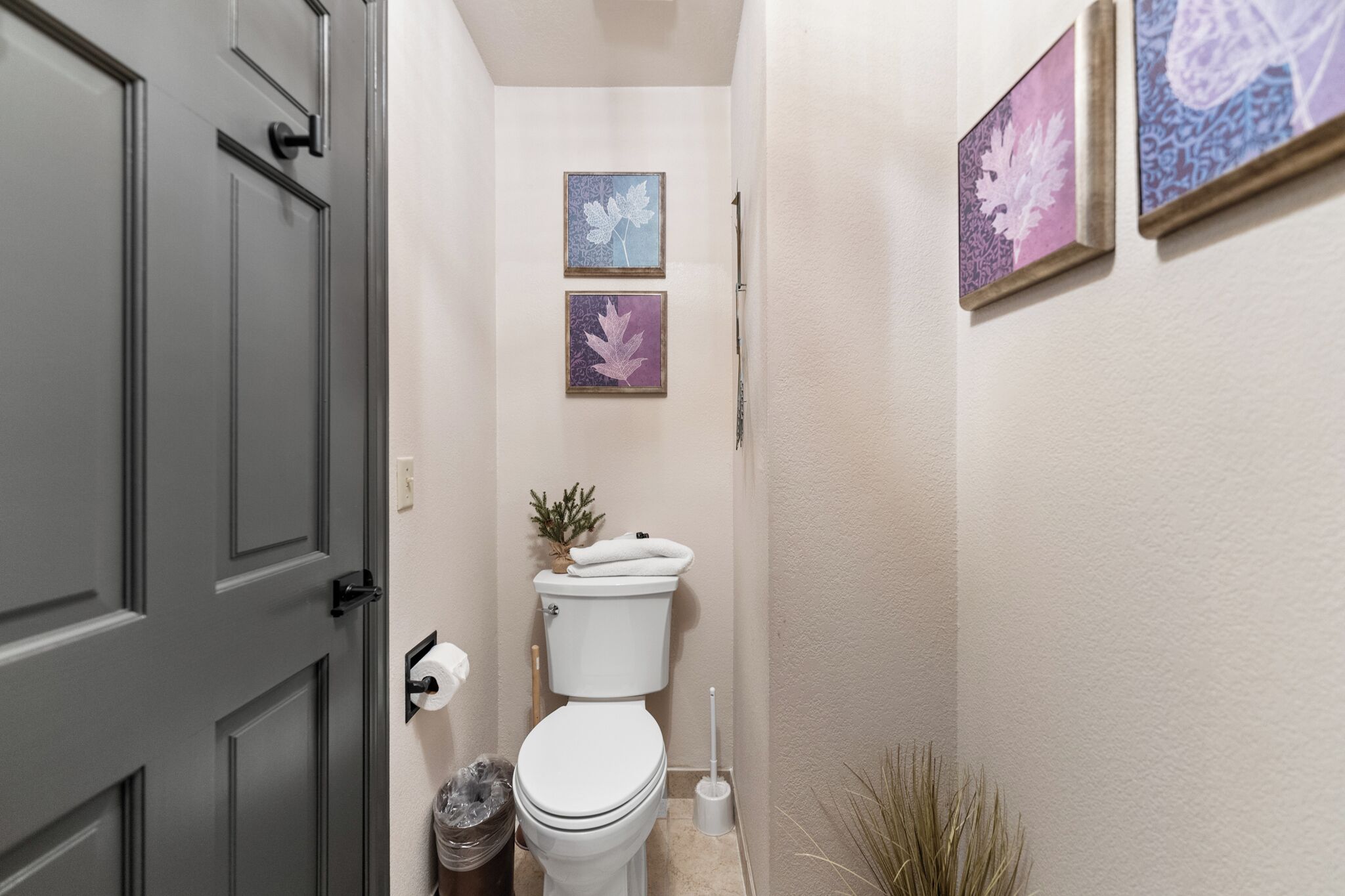 A narrow hallway with a toilet, a trash can, and a broom. There are two framed pictures on the wall.