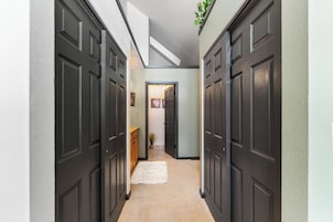 Un pasillo con puertas de madera oscura, una alfombra blanca y una planta colgando del techo.