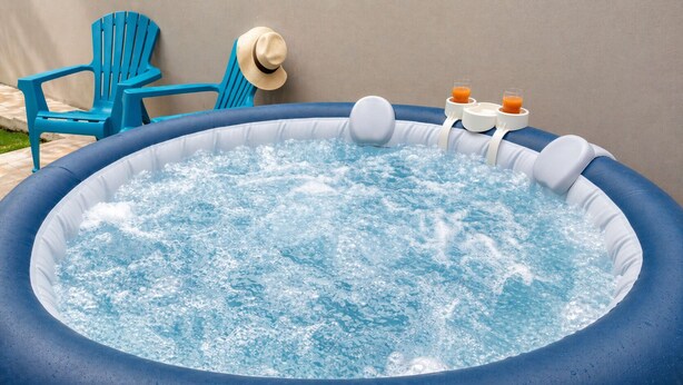 Ein aufblasbarer Whirlpool mit weißem Rand, zwei blaue Stühle und ein Hut auf einem Stuhl.