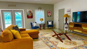 Smart TV, DVD player, books, video library