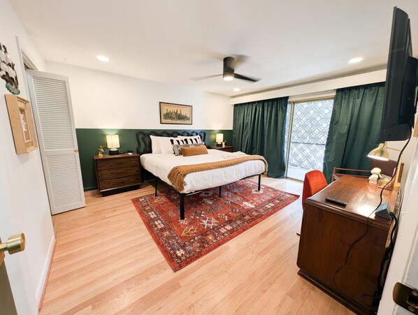 1 bedroom, desk, iron/ironing board, travel cot