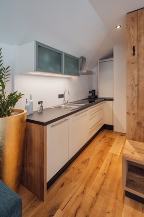 Apartament estàndard | Cuina privada | Frigorífic, microones, forn i placa de cuina 